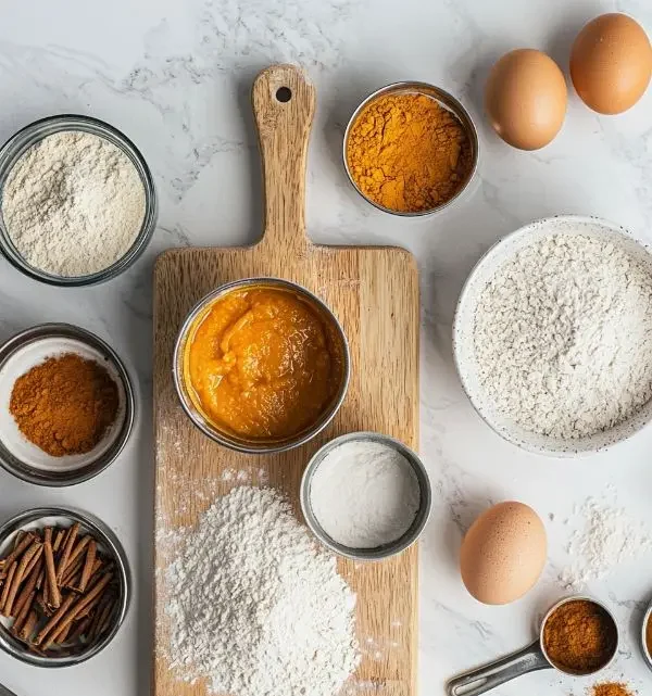 Best Pumpkin Bread & Fall Baking Recipes 3 Pumpkin bread baking ingredients arranged on wooden cutting board including pumpkin puree and fall spices