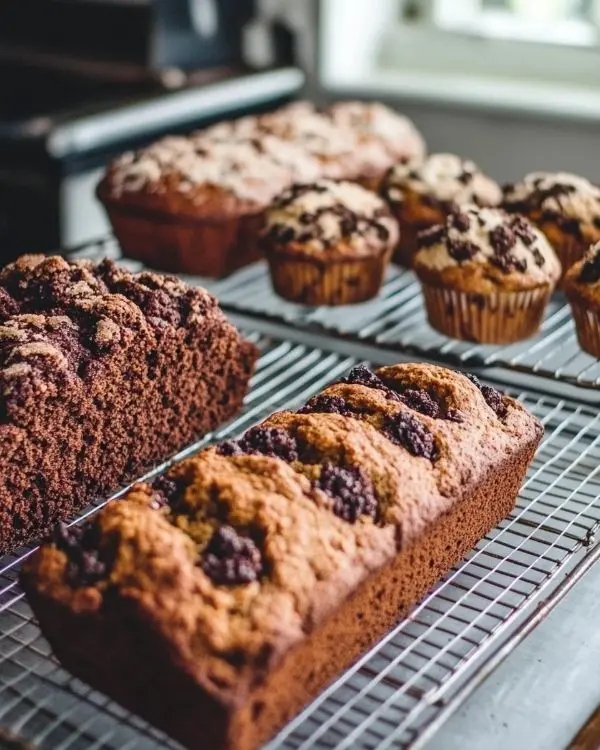 Best Pumpkin Bread & Fall Baking Recipes 4 Variety of homemade pumpkin breads and muffins cooling on kitchen racks showing different recipe variations