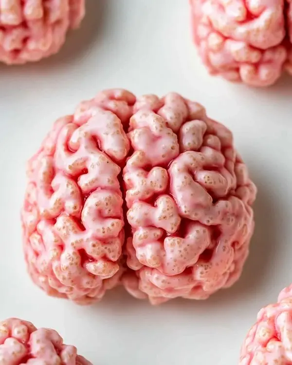 Halloween Recipes & Spooky Treats 15 Amateur phone photo of Halloween brain-shaped rice krispie treats cooling on rack in home kitchen, showing pink marshmallow coating and realistic brain texture