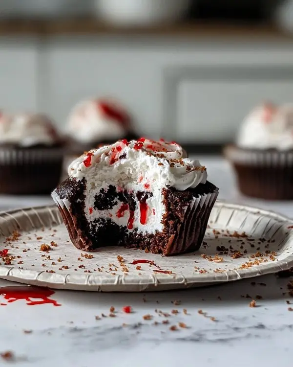 Halloween Recipes & Spooky Treats 2 Close-up phone photo of homemade Halloween vampire bite cupcakes (Halloween Recipes & Spooky Treats) on paper plate showing rich chocolate frosting and spooky decorative details