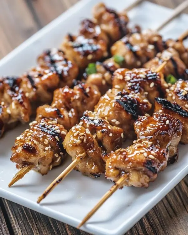 Japanese and Asian Comfort Food Recipes 13 Grilled yakitori chicken skewers with caramelized glaze and sesame seeds on white plate