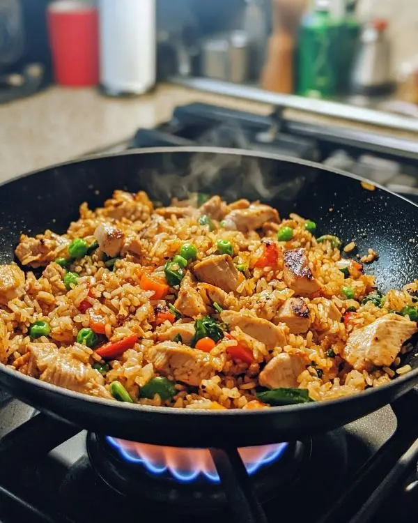 Japanese and Asian Comfort Food Recipes 8 Japanese BBQ chicken fried rice cooking in wok on stovetop with colorful vegetables and chicken pieces, Japanese and Asian Comfort Food Recipes