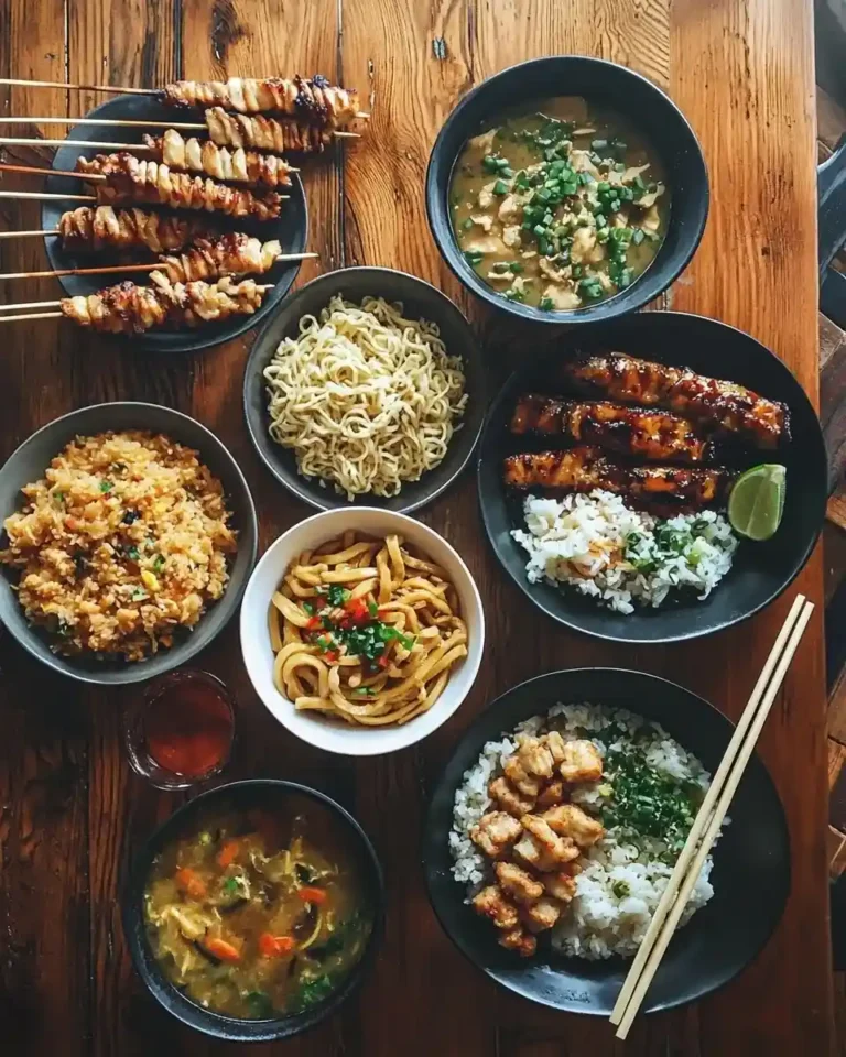 Japanese comfort food spread with udon noodles, fried rice, and yakitori skewers arranged on wooden table with chopsticks