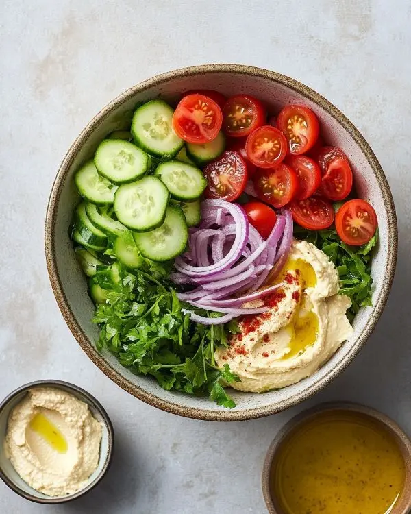 Main ingredients for Herb Garnished Hummus Dish