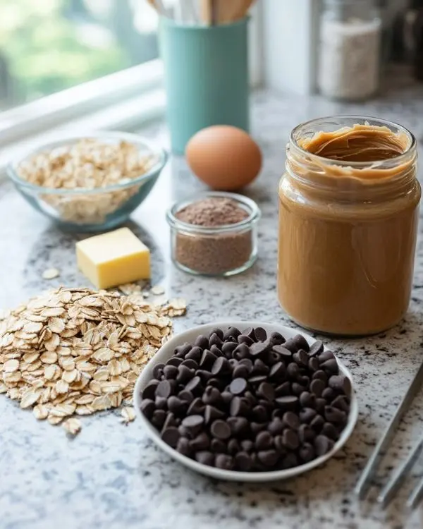 Main ingredients for Peanut Butter Oatmeal Chocolate Chip Cookies