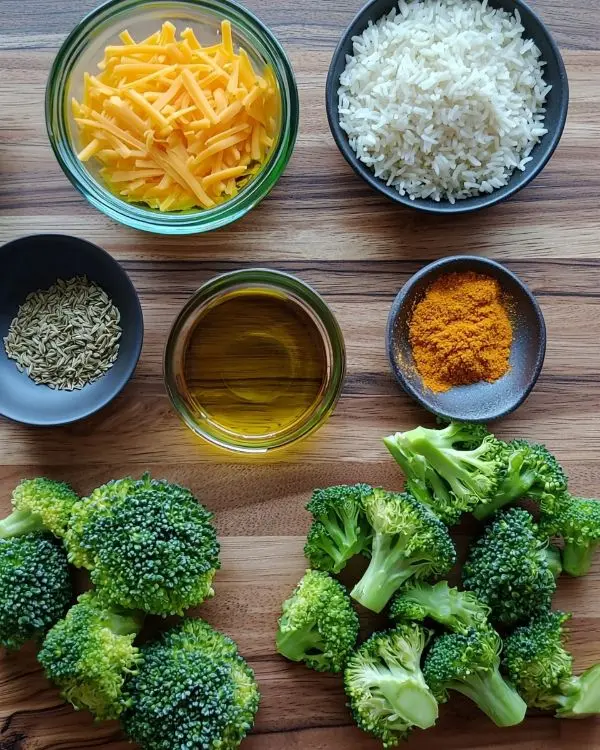Main ingredients for Cheesy Broccoli Rice Casserole