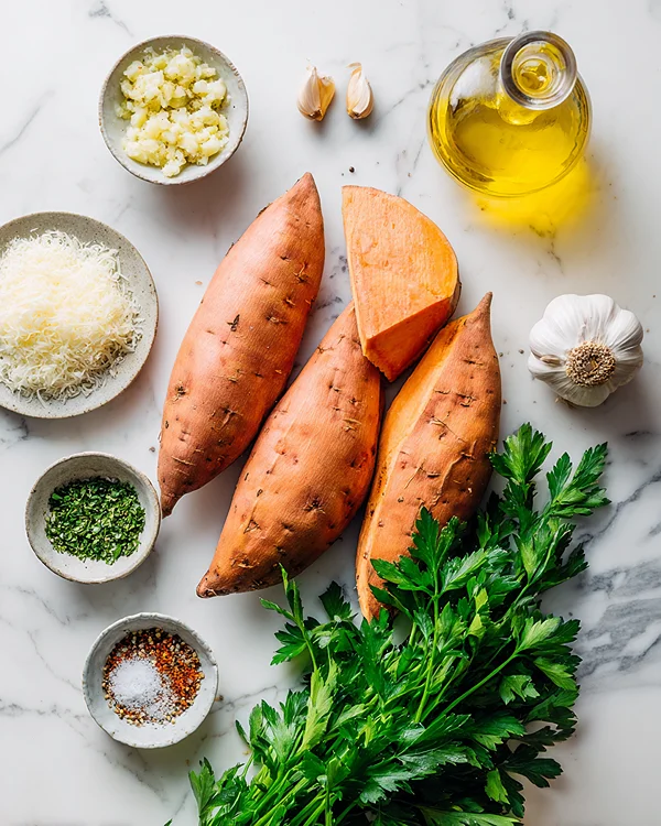 Garlic Parmesan Sweet Potato Wedges 2 crispy garlic parmesan sweet potatoes