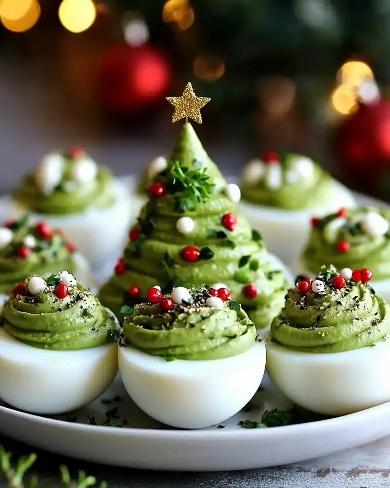 Christmas Tree Deviled Eggs 4 Christmas Tree Deviled Eggs on a table