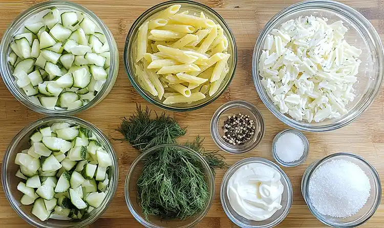 Ingredients for Fresh Cucumber Pasta Salad