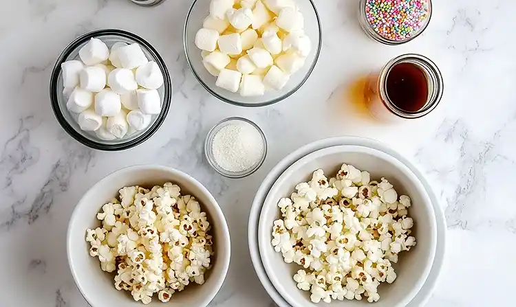Funfetti Marshmallow Popcorn Recipe 4 Main ingredients for Funfetti Marshmallow Popcorn