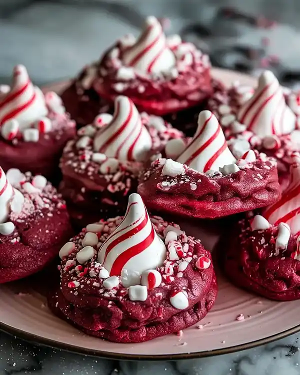 Peppermint Red Velvet Blossoms with Candy Cane Kisses 2 Peppermint Red Velvet Blossoms Recipe