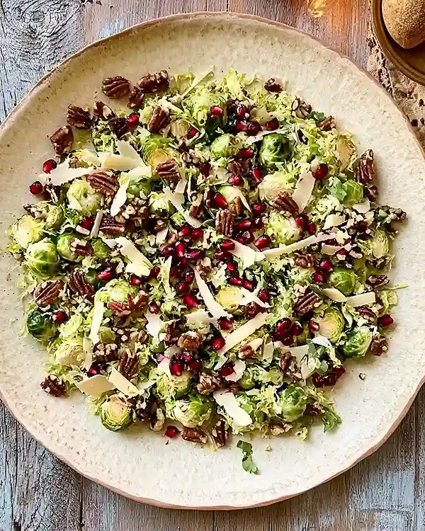 Shaved Brussels Sprout Salad 4 Shaved Brussels Sprout Salad with Pomegranate and Candied Pecans