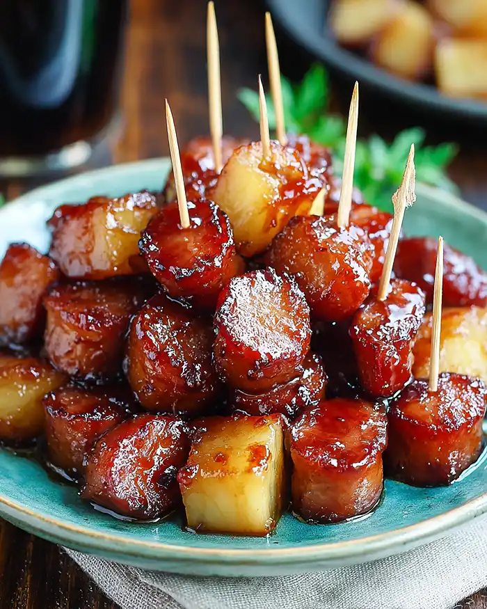 Sweet Savory Glazed Kielbasa Bites 4 juicy pineapple chunks