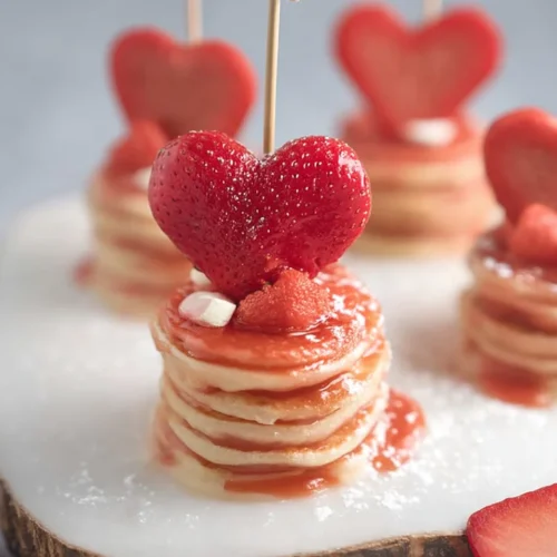 strawberry heart topped mini pancake stackers