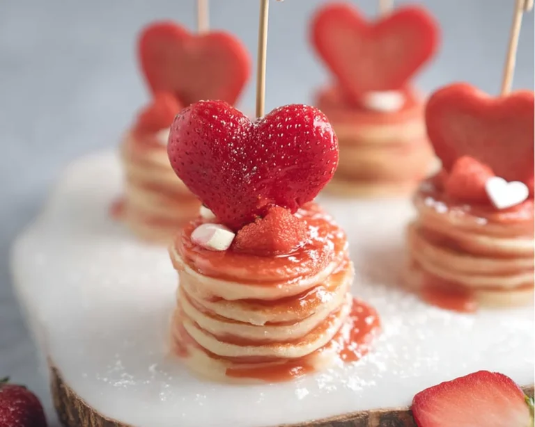strawberry heart topped mini pancake stackers