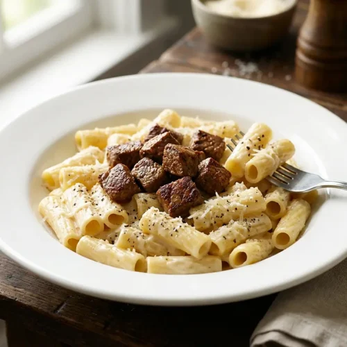 Cajun Steak Tips in Cheesy Rigatoni Parmesan Sauce 6 Cajun Steak Tips in Cheesy Rigatoni Parmesan Sauce