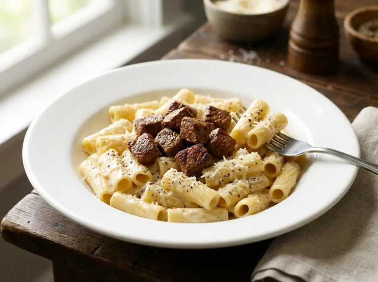 Cajun Steak Tips in Cheesy Rigatoni Parmesan Sauce