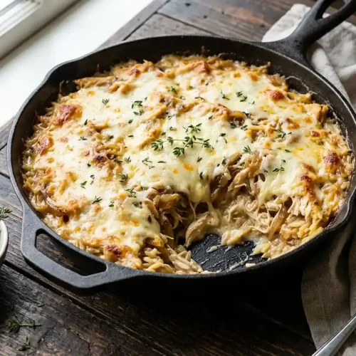 French Onion Chicken Orzo Casserole
