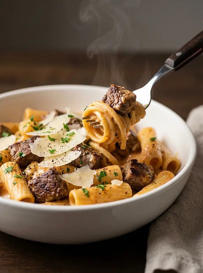 Cajun Steak Tips in Cheesy Rigatoni Parmesan Sauce 4 Steak Dinner Ideas Pasta
