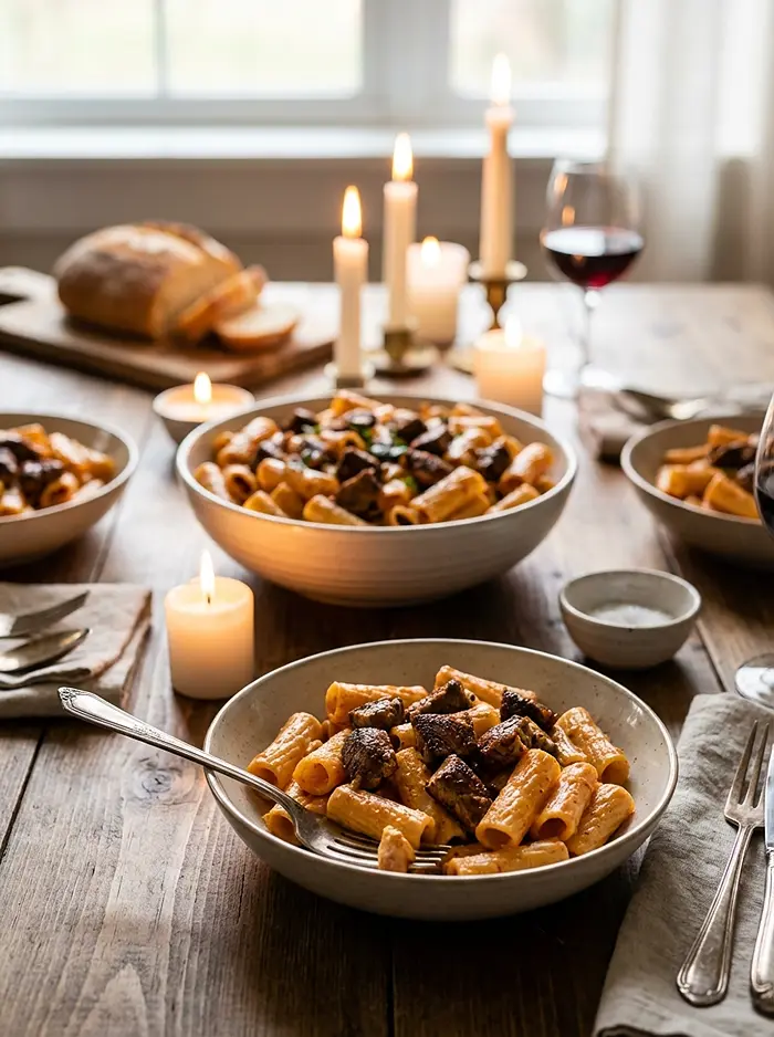 Cajun Steak Tips in Cheesy Rigatoni Parmesan Sauce 5 Steak Pasta Dinner Ideas
