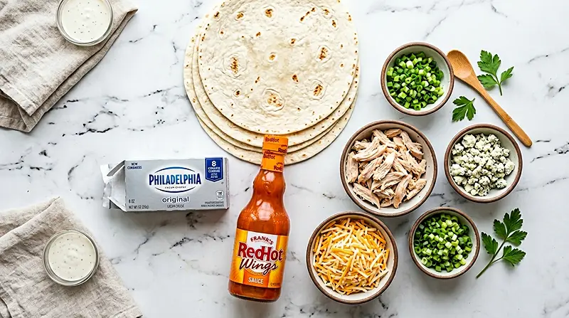 Buffalo Chicken Pinwheels (Tortilla Roll-Ups) 2 Buffalo Chicken Pinwheels (tortilla roll-ups) Ingredients