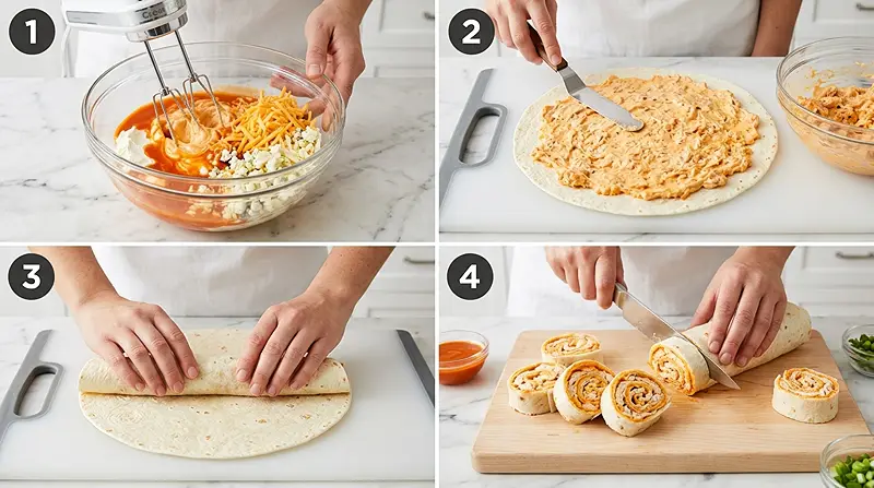 Buffalo Chicken Pinwheels (Tortilla Roll-Ups) 3 Buffalo Chicken Pinwheels (tortilla roll-ups) Instructions