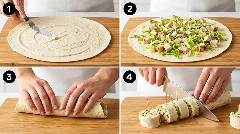 Chicken Caesar Wrap Bites (Pinwheels) 3 Chicken Caesar Wrap Bites (pinwheels) Instructions