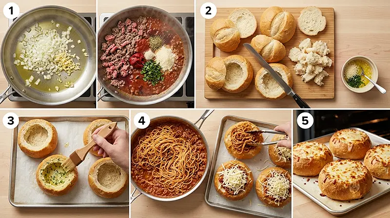 Easy Spaghetti Garlic Bread Bowls 3 Easy Spaghetti Garlic Bread Bowls Instructions