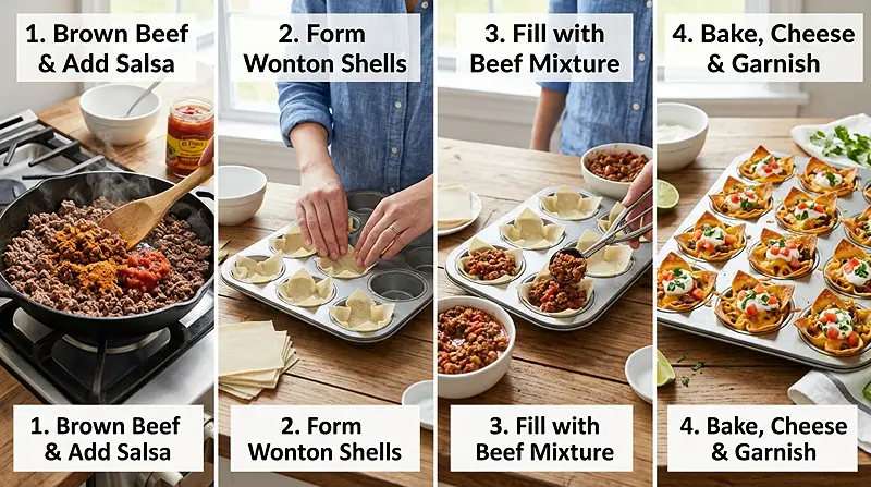 Mini Taco Cups (Wonton Wrapper) 3 Mini Taco Cups (wonton wrapper) Instructions