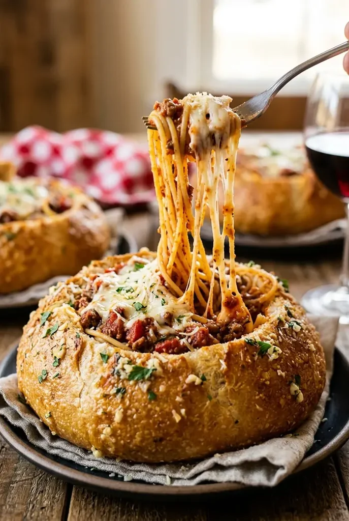Easy Spaghetti Garlic Bread Bowls 4 Spaghetti Garlic Bread Bowls