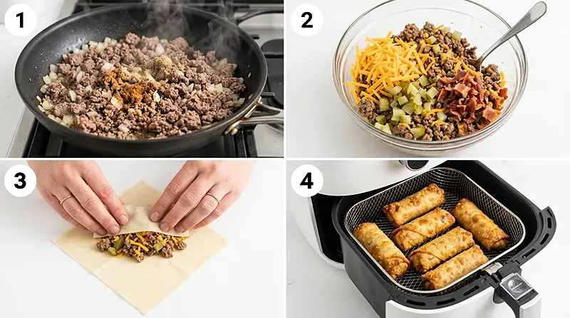 air fryer Crispy Cheeseburger Egg Rolls Instructions