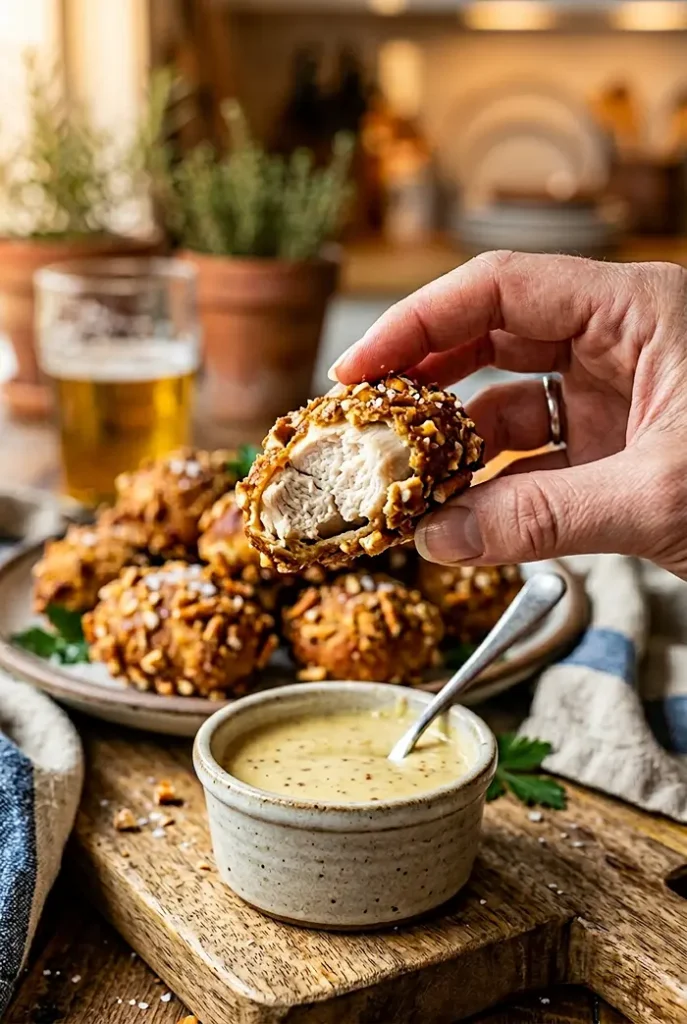 Crispy Pretzel Chicken Bites with Honey Mustard Dip 4 pretzel chicken bites