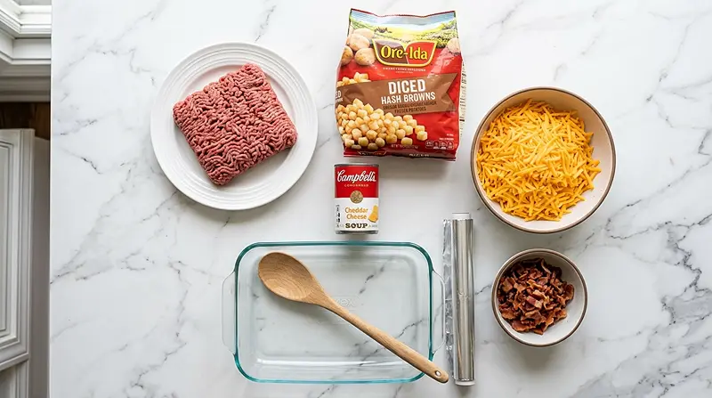 5-Ingredient Cheesy Bacon Cheeseburger Potato Bake Ingredients