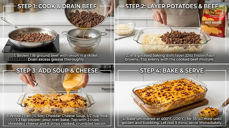 5-Ingredient Cheesy Bacon Cheeseburger Potato Bake Instructions