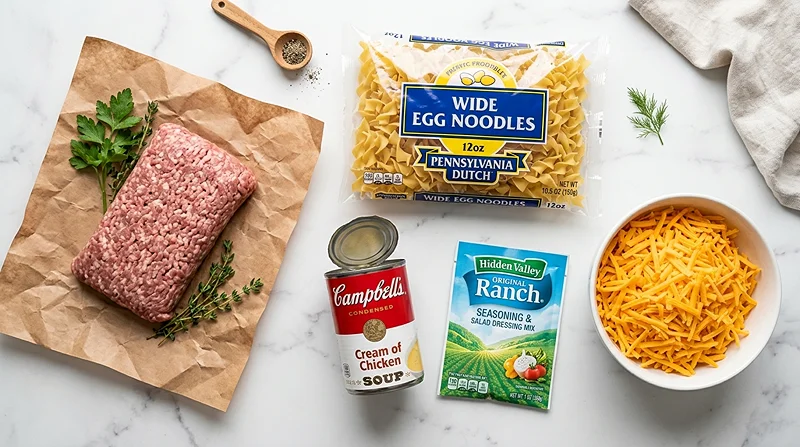 5-Ingredient Cheesy Ranch Sausage & Noodle Bake Ingredients