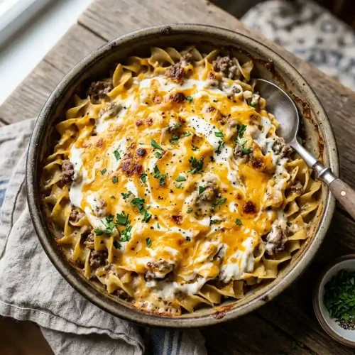 5-Ingredient Cheesy Sour Cream & Onion Beef Noodle Bake