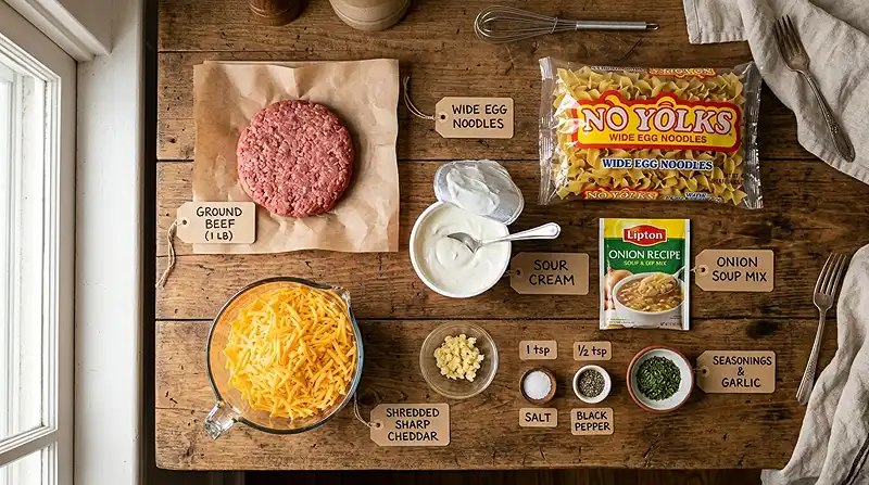 5-Ingredient Cheesy Sour Cream & Onion Beef Noodle Bake Ingredients