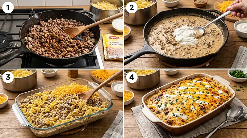5-Ingredient Cheesy Sour Cream & Onion Beef Noodle Bake Instructions