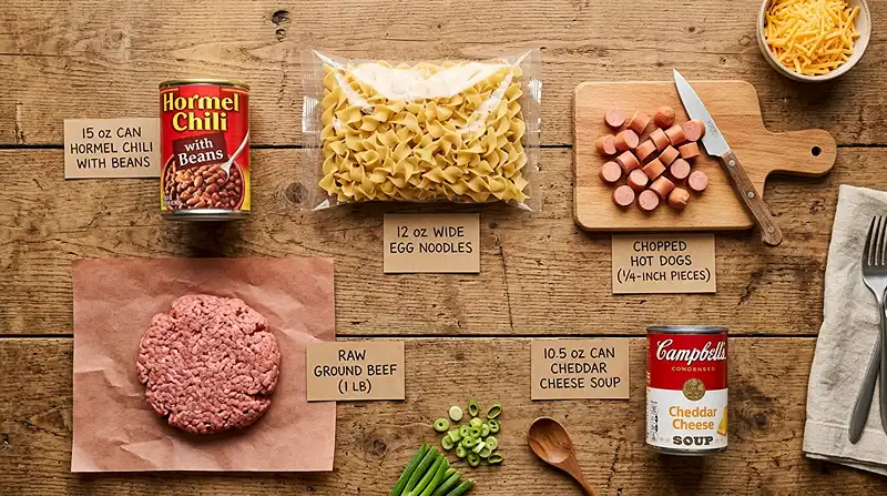 5-Ingredient Creamy Chili Cheese Dog Bake Ingredients