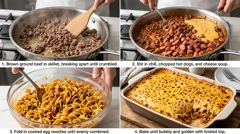 5-Ingredient Creamy Chili Cheese Dog Bake Instructions