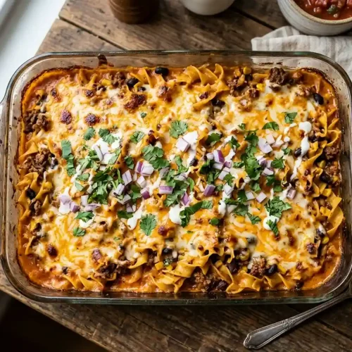 5-Ingredient Creamy Enchilada Beef & Noodle Bake