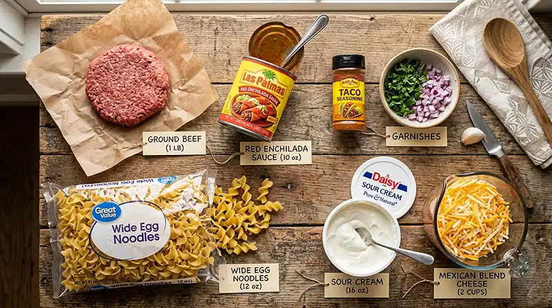 5-Ingredient Creamy Enchilada Beef & Noodle Bake Ingredients