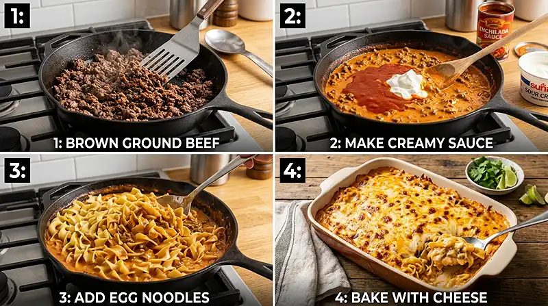 5-Ingredient Creamy Enchilada Beef & Noodle Bake Instructions