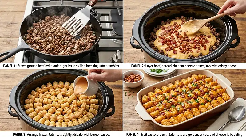 5-Ingredient Crockpot Bacon Cheeseburger Tater Tot Casserole Instructions