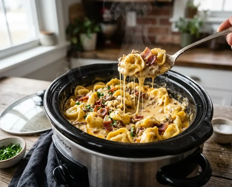 5-Ingredient Crockpot Bacon Cheeseburger Tortellini