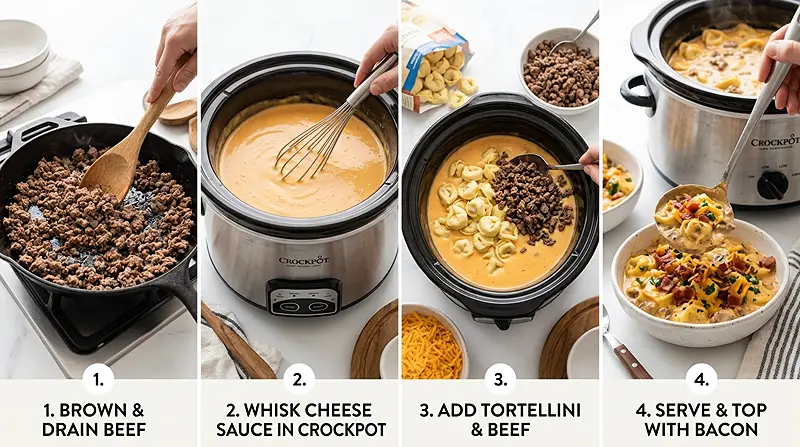 5-Ingredient Crockpot Bacon Cheeseburger Tortellini 3 5-Ingredient Crockpot Bacon Cheeseburger Tortellini Instructions