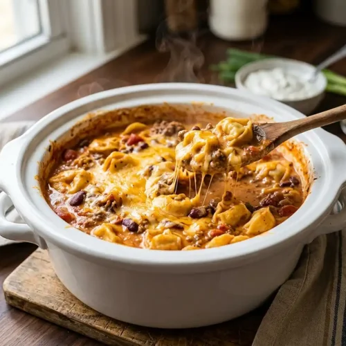 5-Ingredient Crockpot Cheesy Chili Mac Tortellini