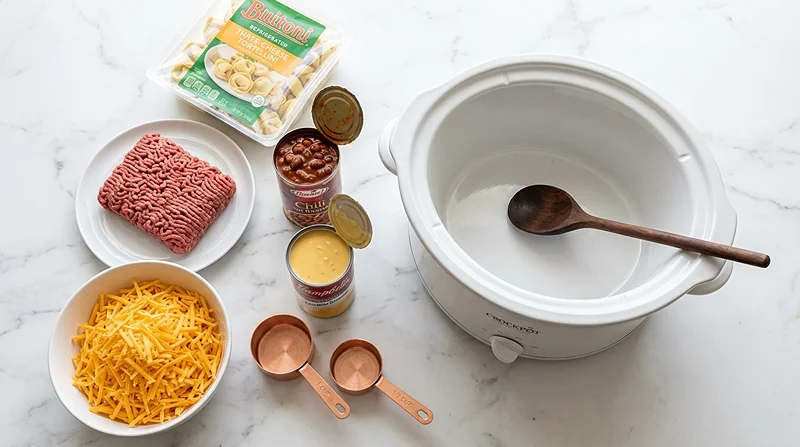 5-Ingredient Crockpot Cheesy Chili Mac Tortellini Ingredients
