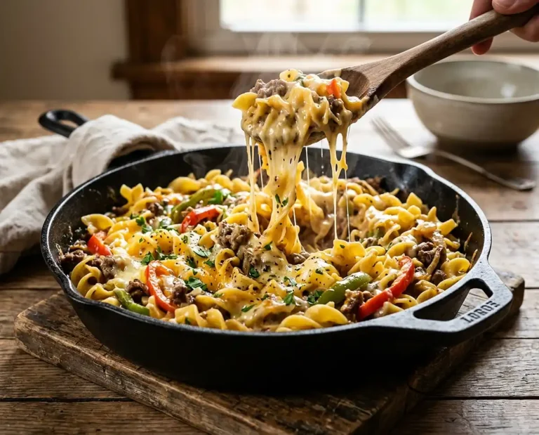 5-Ingredient One-Pot Philly Cheesesteak Noodle Skillet