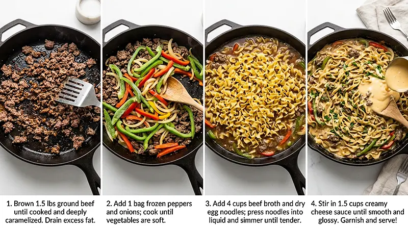 5-Ingredient One-Pot Philly Cheesesteak Noodle Skillet 3 5-Ingredient One-Pot Philly Cheesesteak Noodle Skillet Instructions